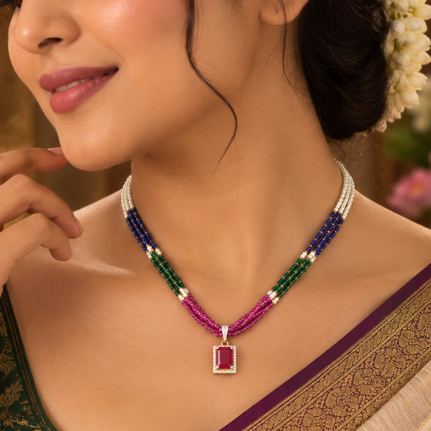 Traditional Square Ruby Gold Necklace
