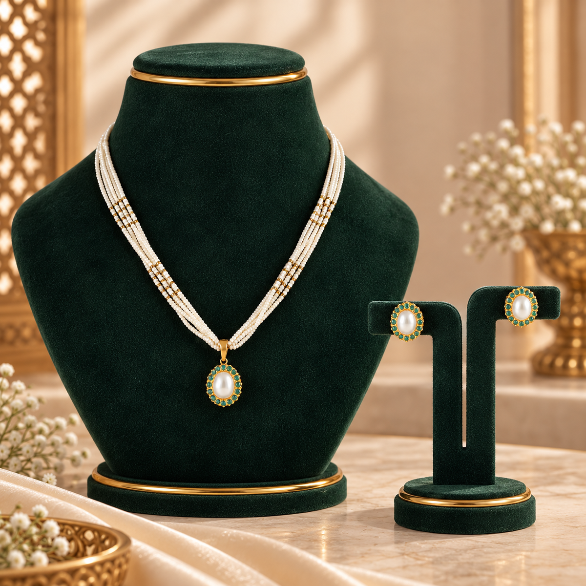 Anvika Green Stone  Pearl Gold Pendant Set