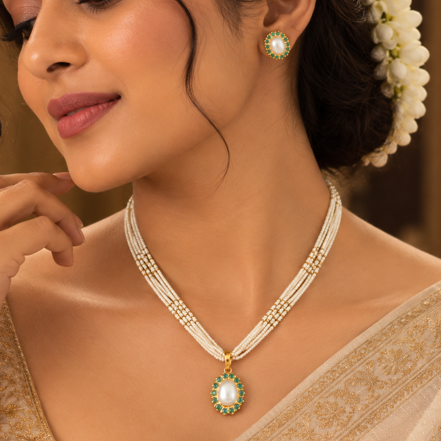 Anvika Green Stone  Pearl Gold Pendant Set
