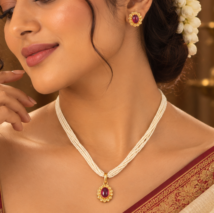 Ruhani Ruby Stud Gold Pendant Set