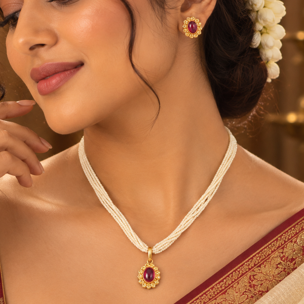 Ruhani Ruby Stud Gold Pendant Set