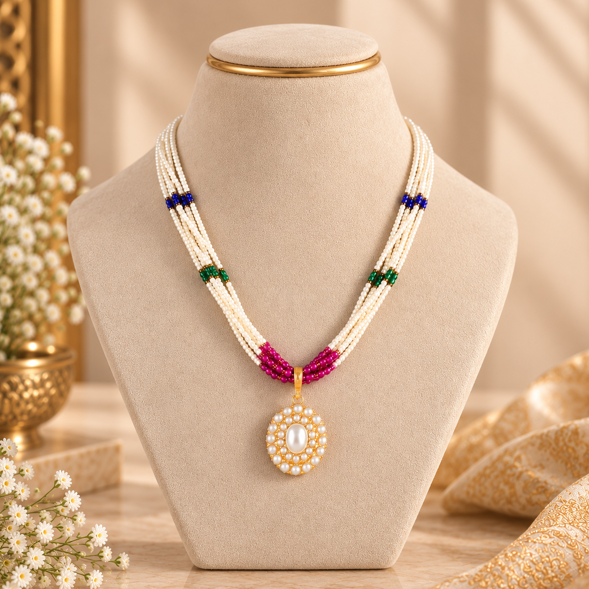 Rajvi Pearl Navratna Gold Necklace