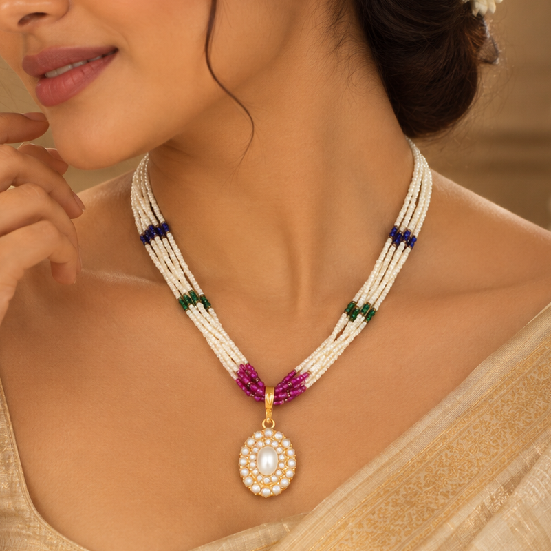 Rajvi Pearl Navratna Gold Necklace
