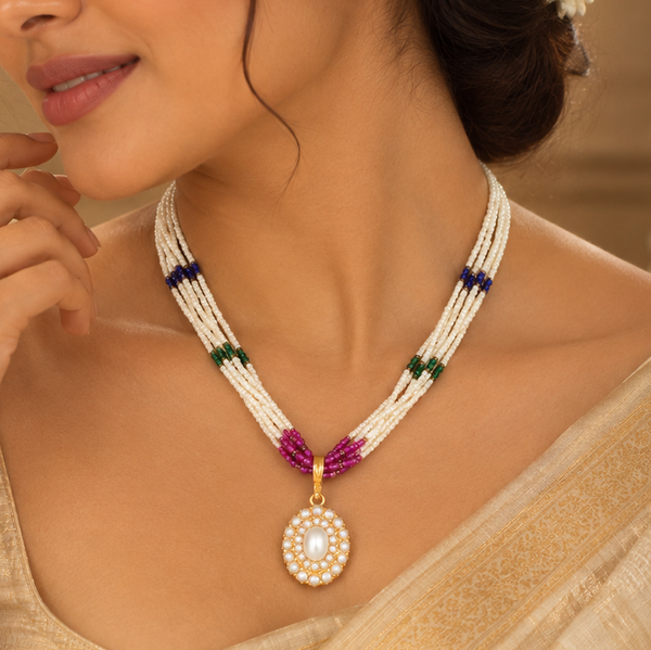 Rajvi Pearl Navratna Gold Necklace