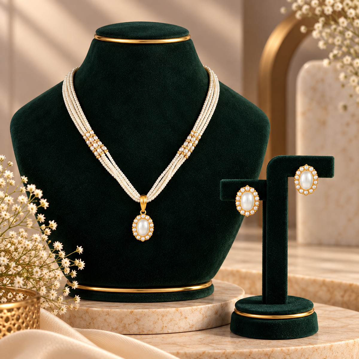 Tara Cluster Pearl Gold Pendant Set