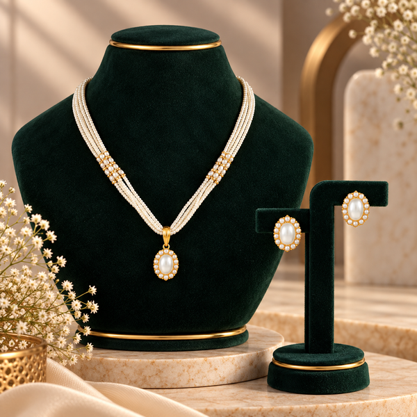 Tara Cluster Pearl Gold Pendant Set