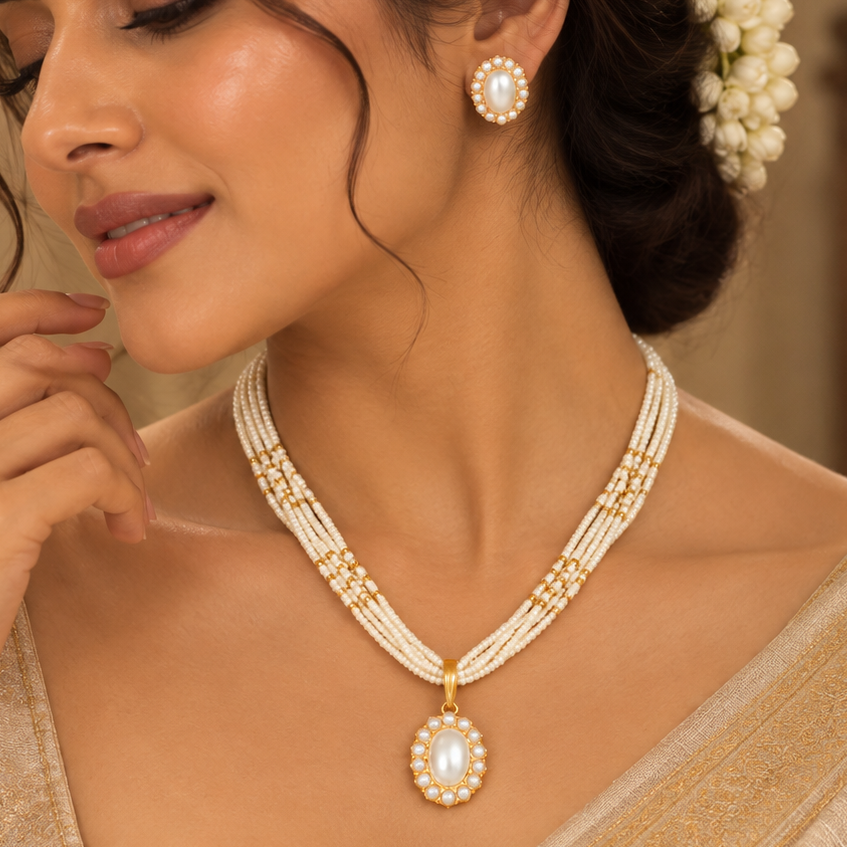Tara Cluster Pearl Gold Pendant Set
