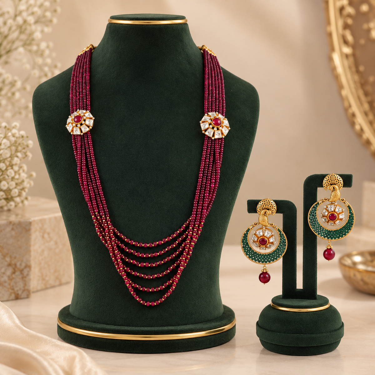 Mahira Ruby Cascade Gold Long Necklace Set