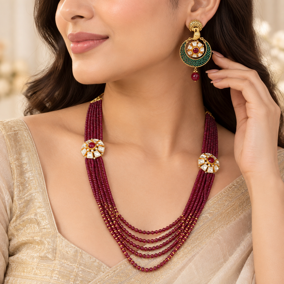 Mahira Ruby Cascade Gold Long Necklace Set