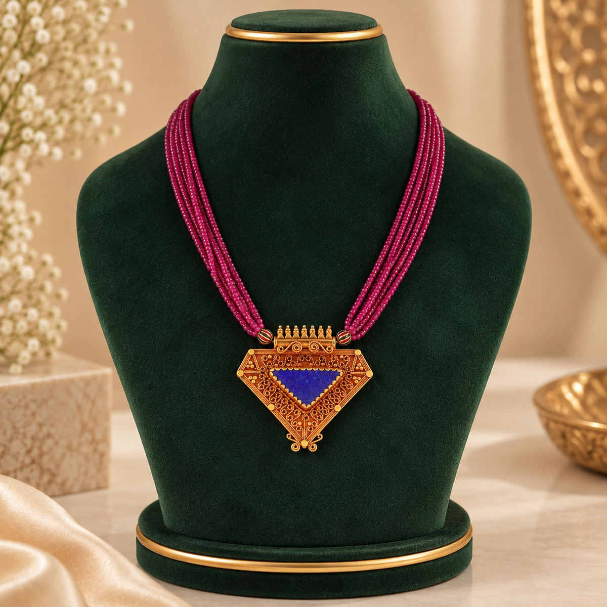 Advika Ruby Blue Pendant Gold Necklace