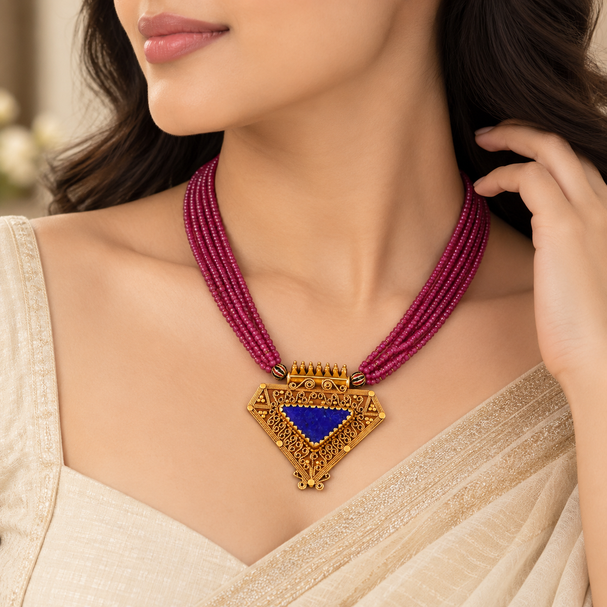 Advika Ruby Blue Pendant Gold Necklace