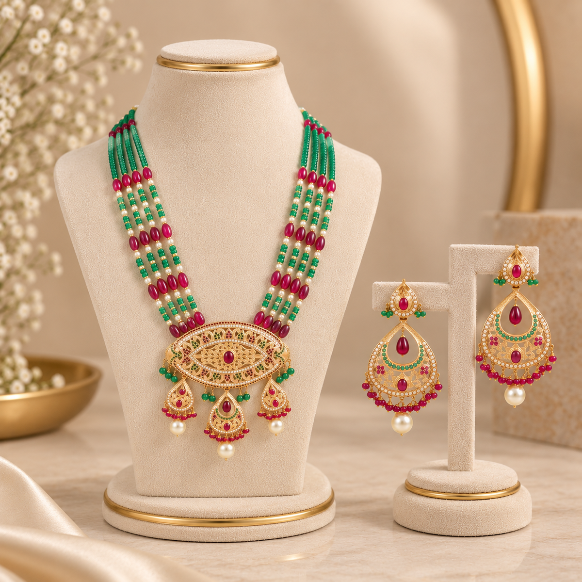 Shanay Meenakari Pearl Gold Long Necklace Set