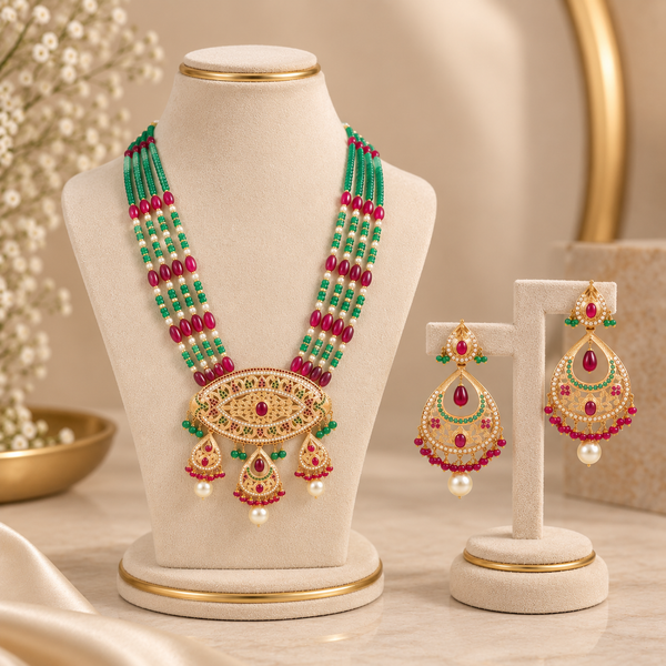 Shanay Meenakari Pearl Gold Long Necklace Set