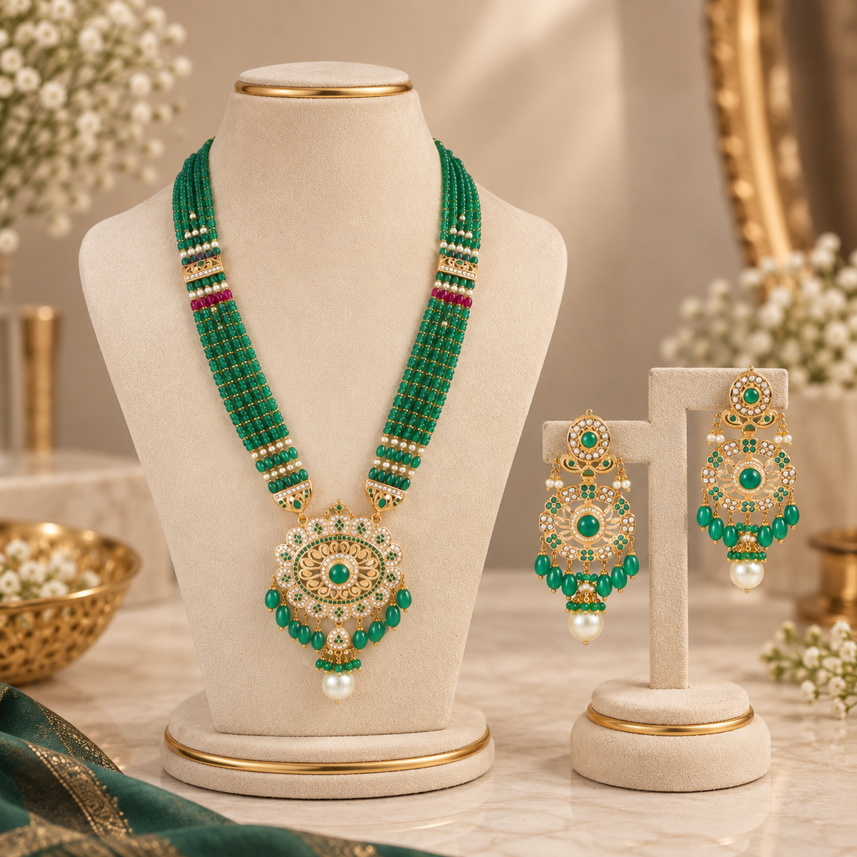 Tavisha Emerald Pendant Gold Long Necklace Set