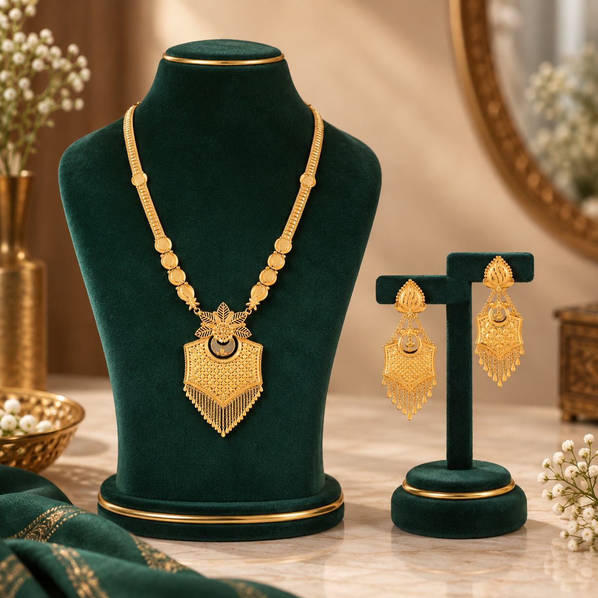 Rishika Flower Tassel Gold Long Necklace Set