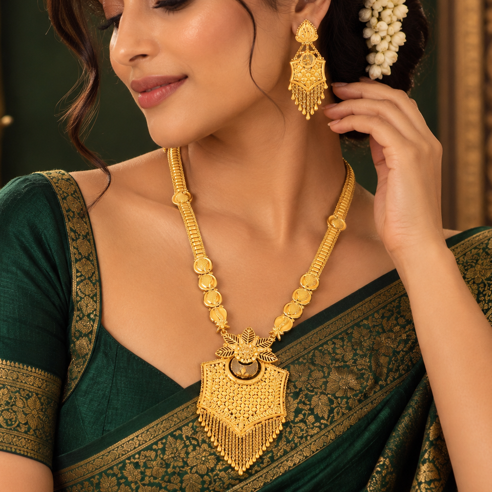 Rishika Flower Tassel Gold Long Necklace Set