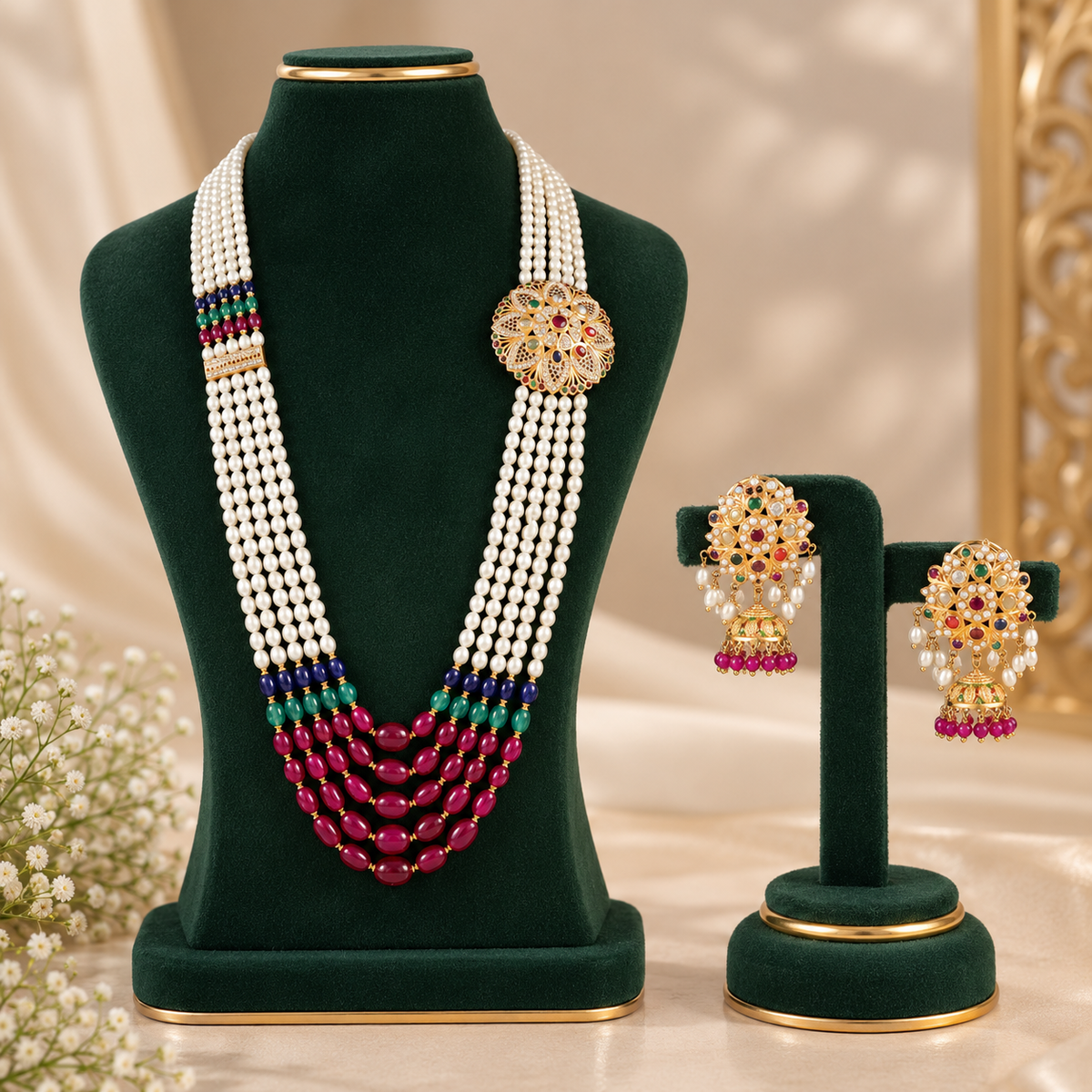 Myra Navratna Pearl Gold Long Necklace Set