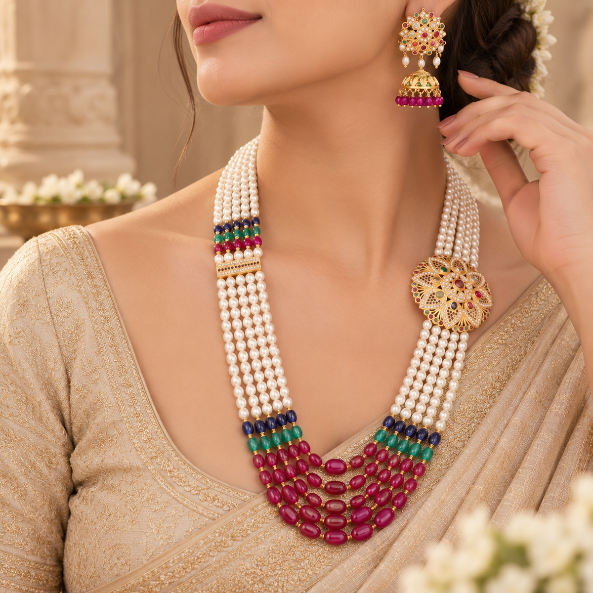 Myra Navratna Pearl Gold Long Necklace Set
