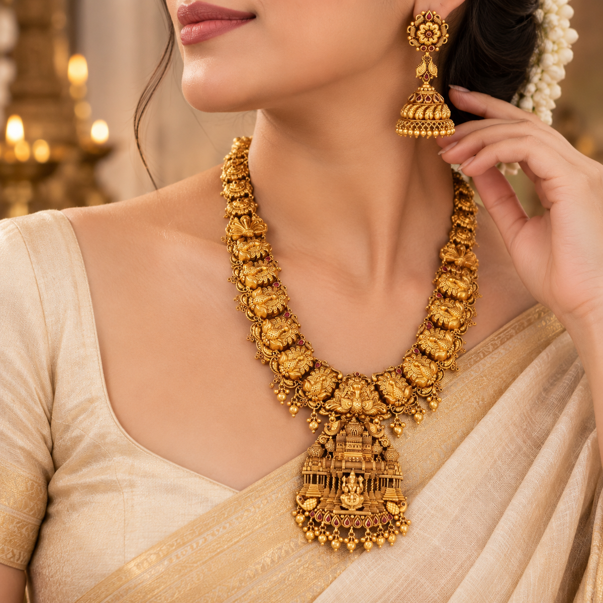 Divya Temple Gold Long Necklace Set