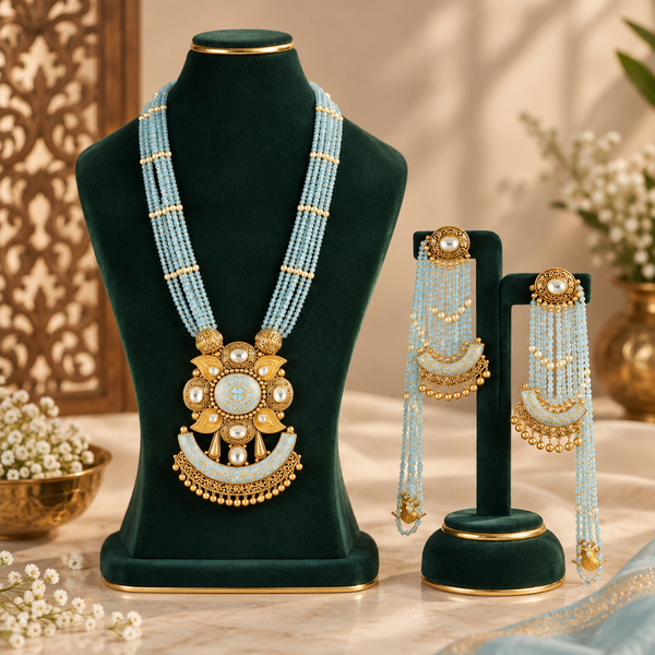 Nyra  Blue Pearl Floral Gold Long Necklace Set