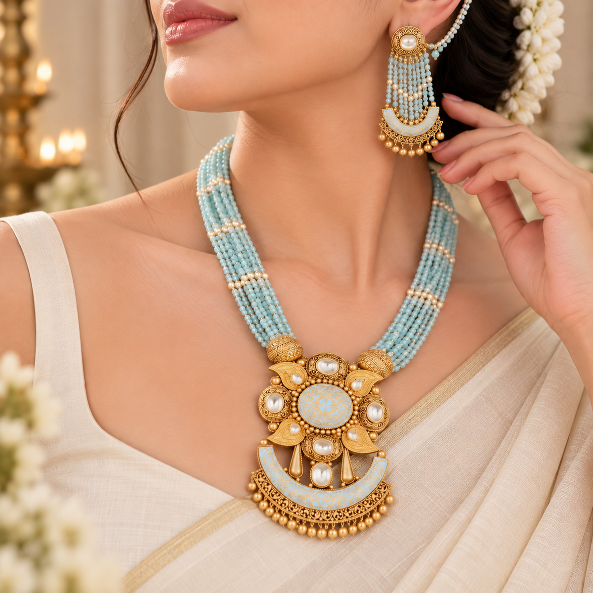 Nyra  Blue Pearl Floral Gold Long Necklace Set