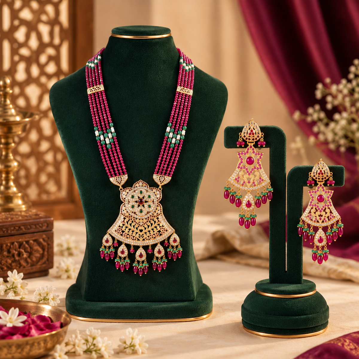 Ishika Ruby Beaded Gold Long Necklace Set