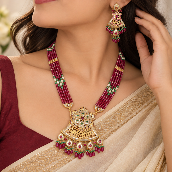 Ishika Ruby Beaded Gold Long Necklace Set