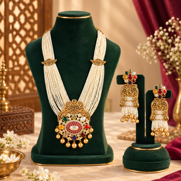 Yashvi Pearl Navratna Gold Long Necklace Set