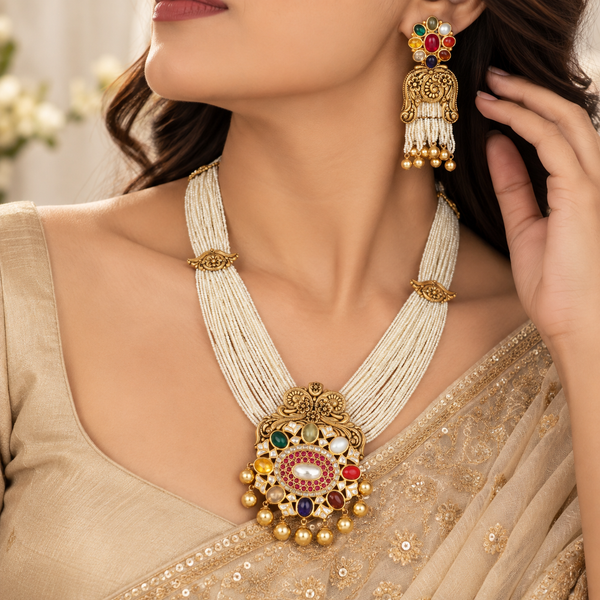 Yashvi Pearl Navratna Gold Long Necklace Set