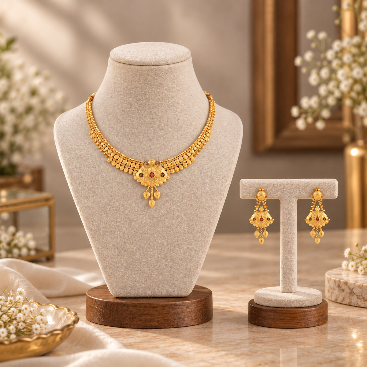 Aavya Floral Drop Necklace Gold Set