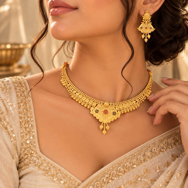 Aavya Floral Drop Necklace Gold Set