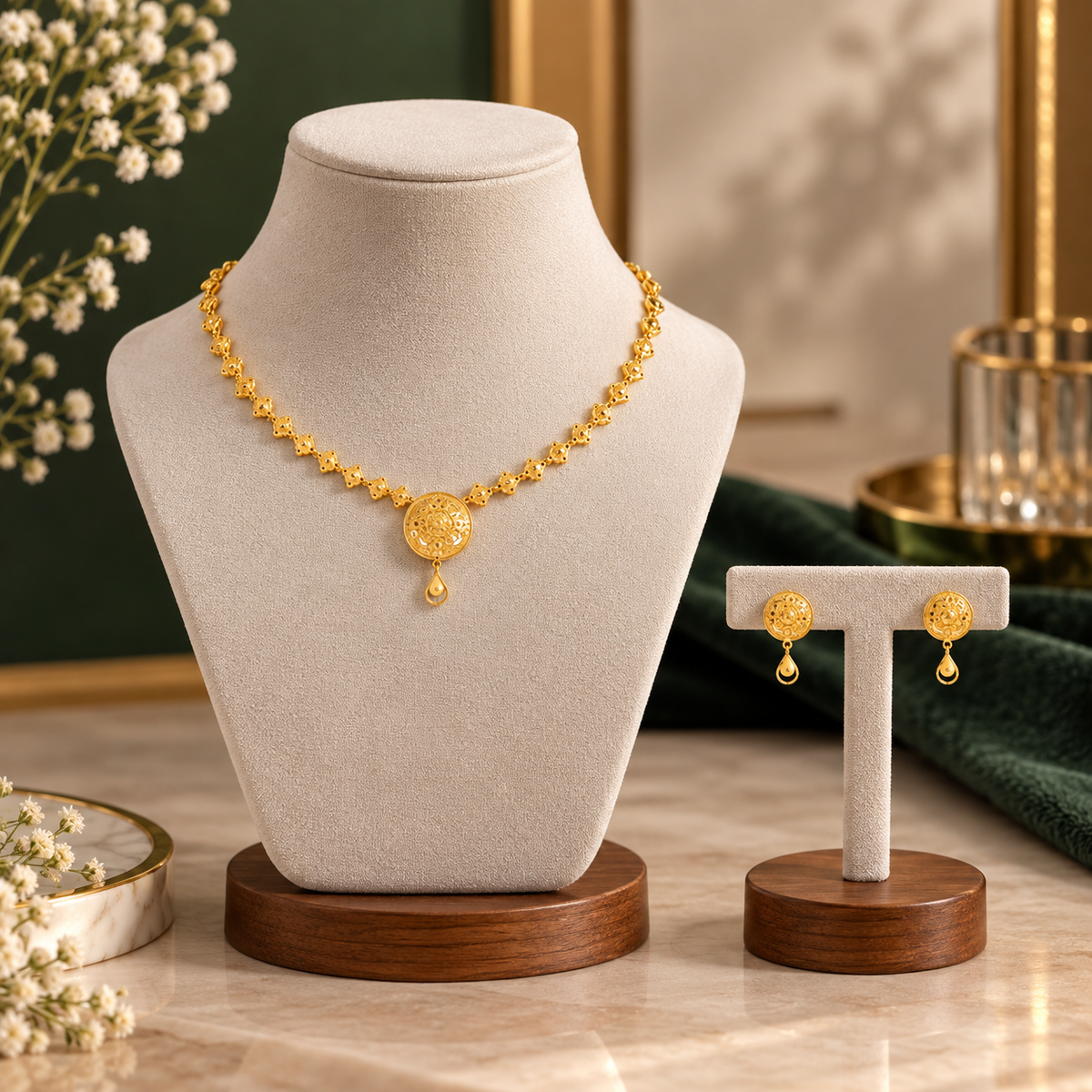 Yuvika Circle Drop Gold  Necklace Set