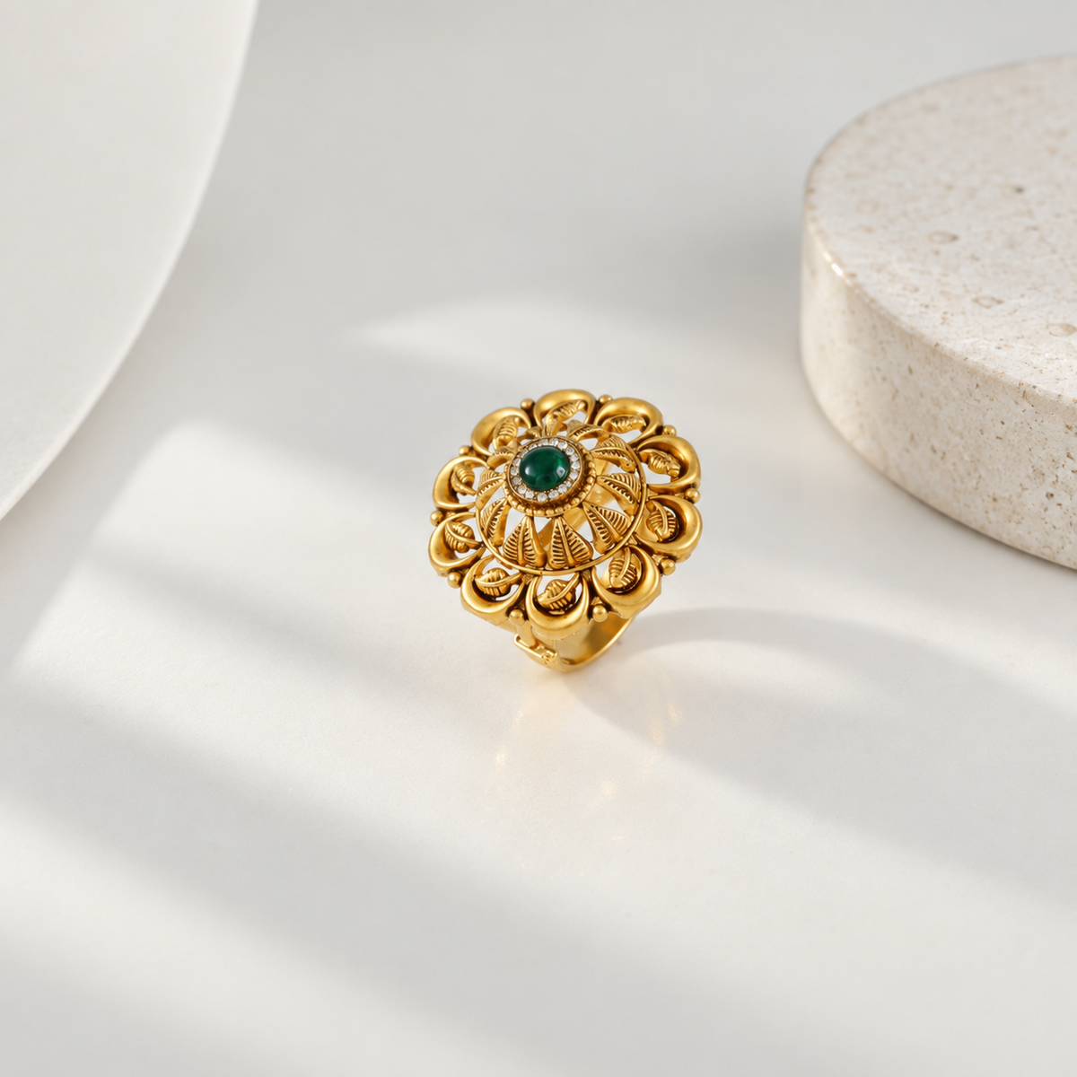 Emerald Floral Sunburst Gold Ring