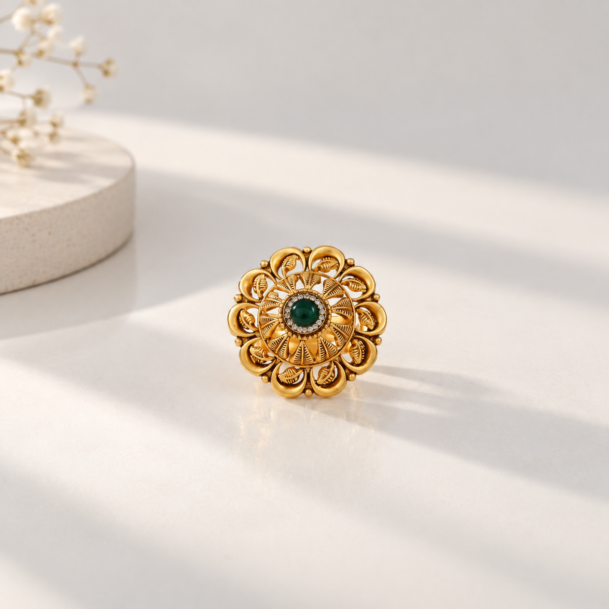 Emerald Floral Sunburst Gold Ring