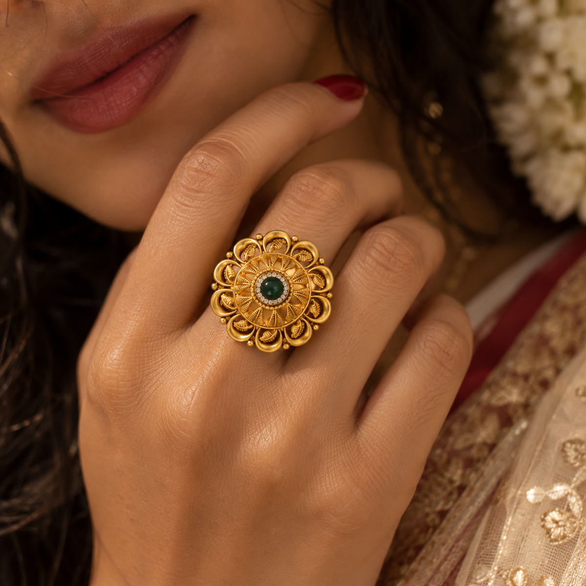 Emerald Floral Sunburst Gold Ring