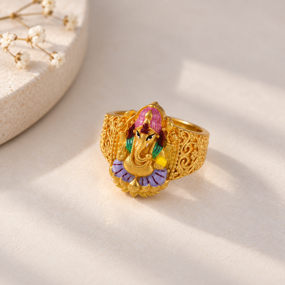 Ganesha Lotus Blessing Gold Ring
