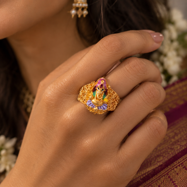 Ganesha Lotus Blessing Gold Ring