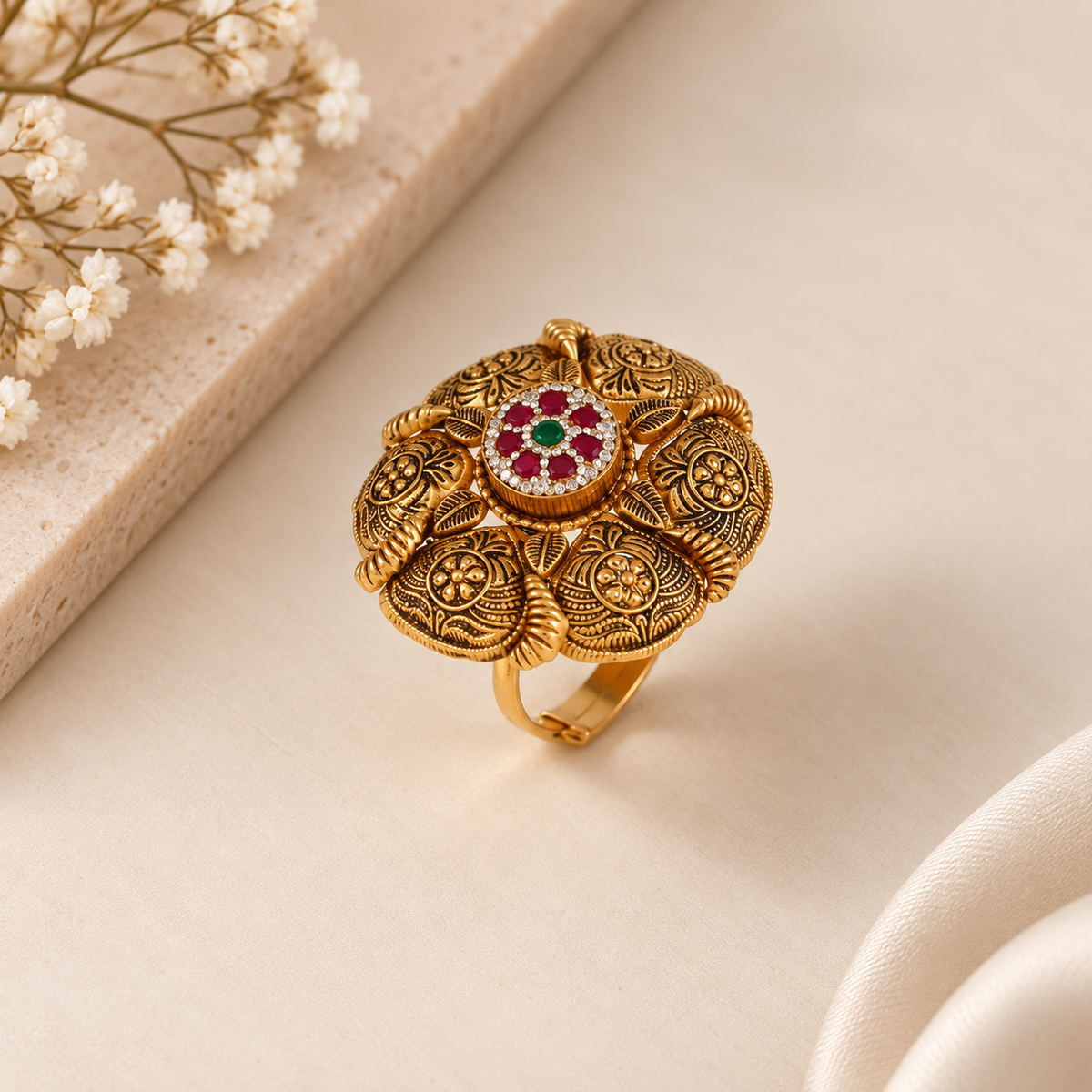 Floral Ruby Medallion Gold Ring