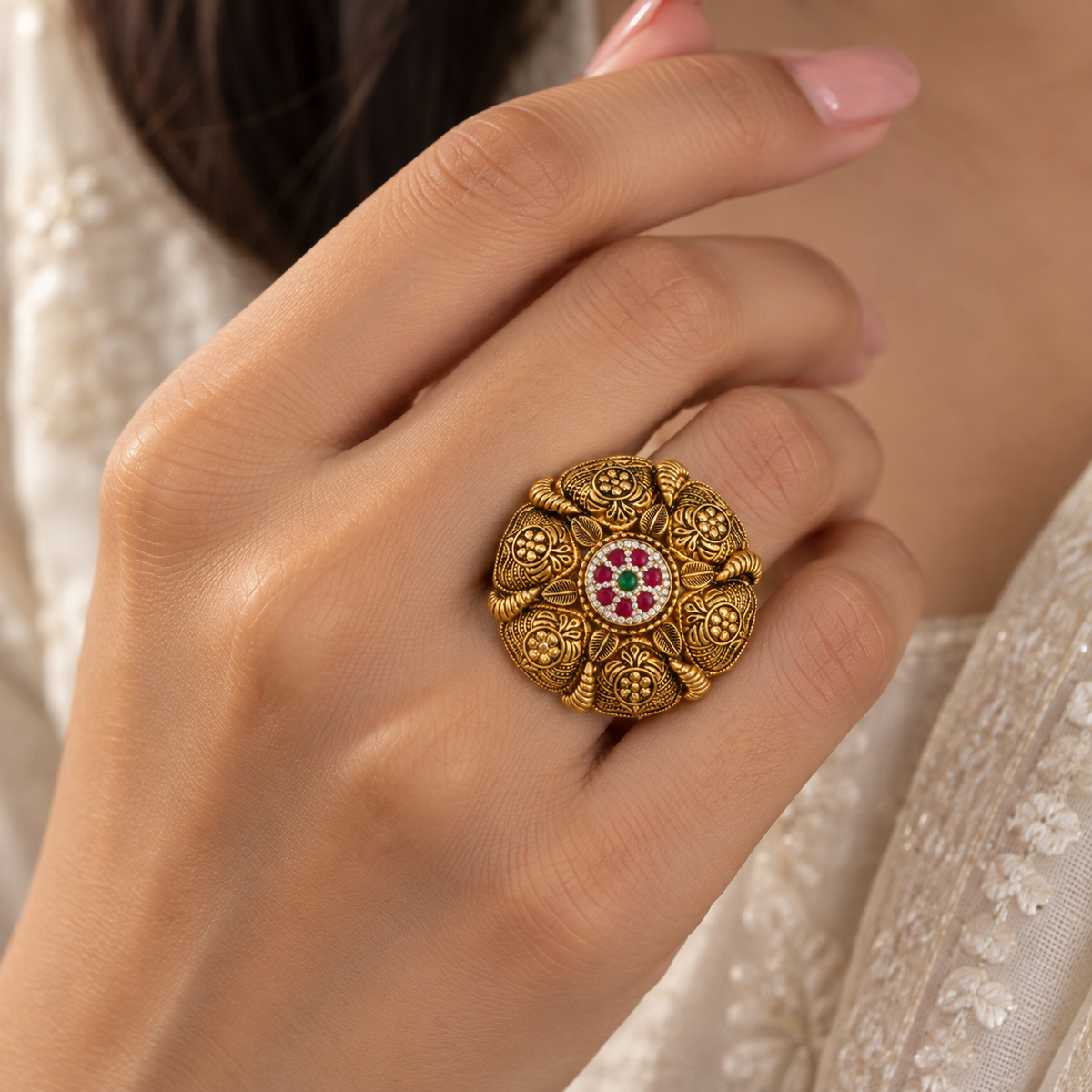 Floral Ruby Medallion Gold Ring