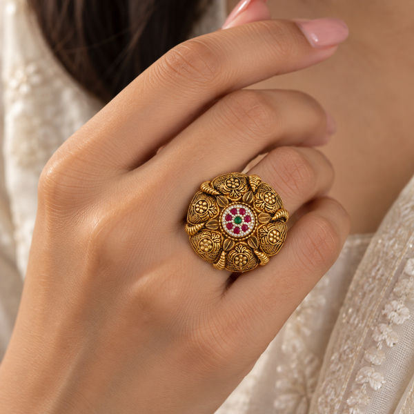 Floral Ruby Medallion Gold Ring