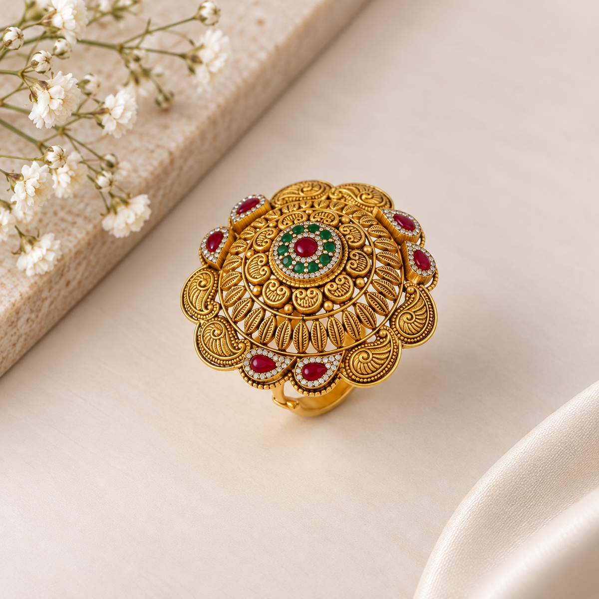 Ruby Emerald Mandala Gold Ring