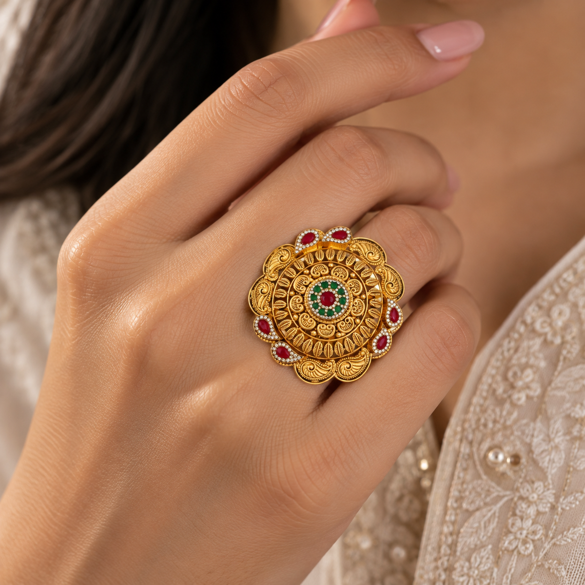 Ruby Emerald Mandala Gold Ring