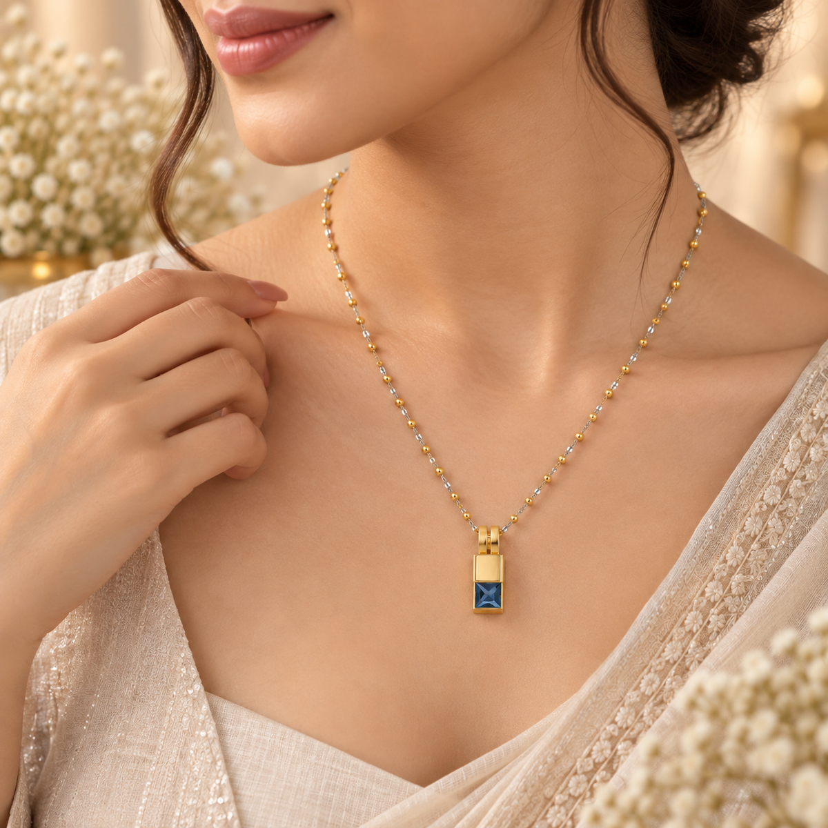 Zoya Sapphire Square Bead Gold Chain