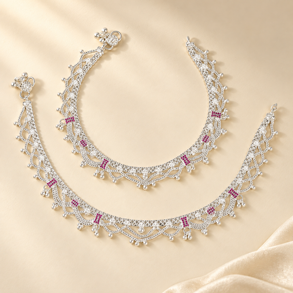 Ahana Ruby Draped Silver Anklets