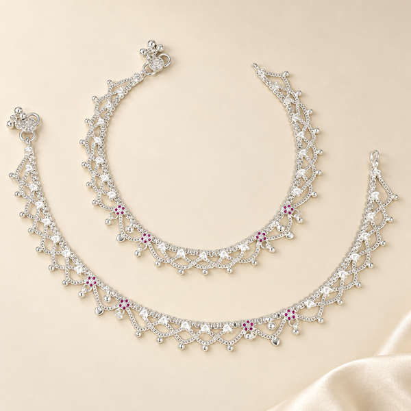 Rhea Leaf Cascade Silver Anklets