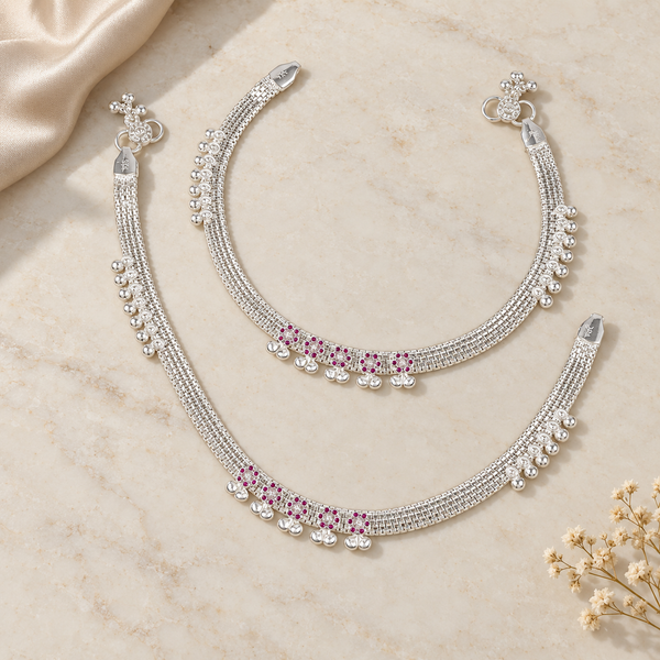 Avika Floral Bell Silver Anklets