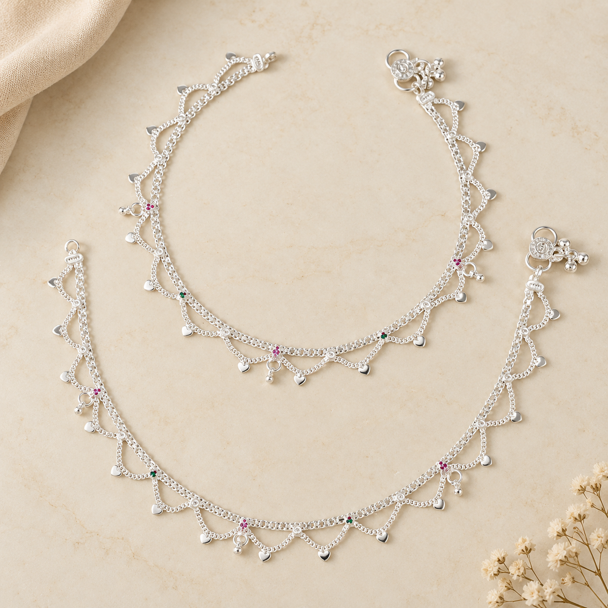 Anaya Heart Cascade Chain Silver Anklets