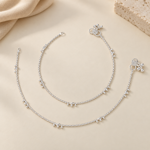 Prisha  Minimal Beaded Chain Silver Anklets