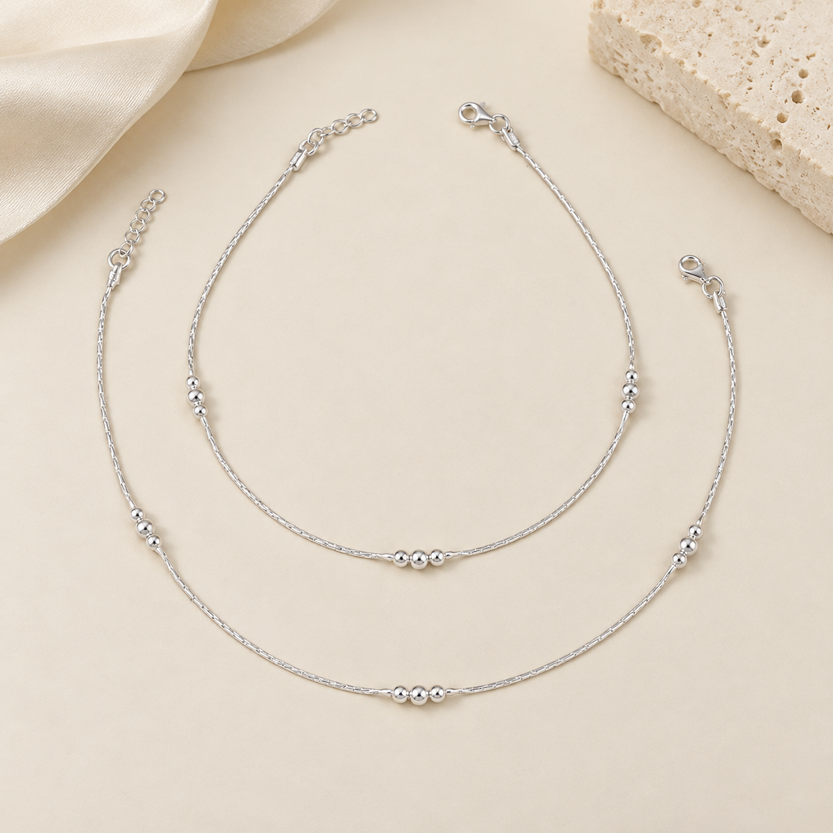 Aarohi Trinity Bead Silver Anklets