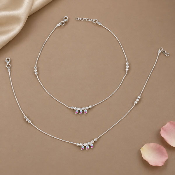 Jiya Tricolor Drop Bead Silver Anklets